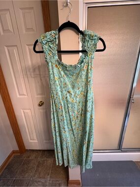 Mint Green Floral Midi Dress with Yellow Prints